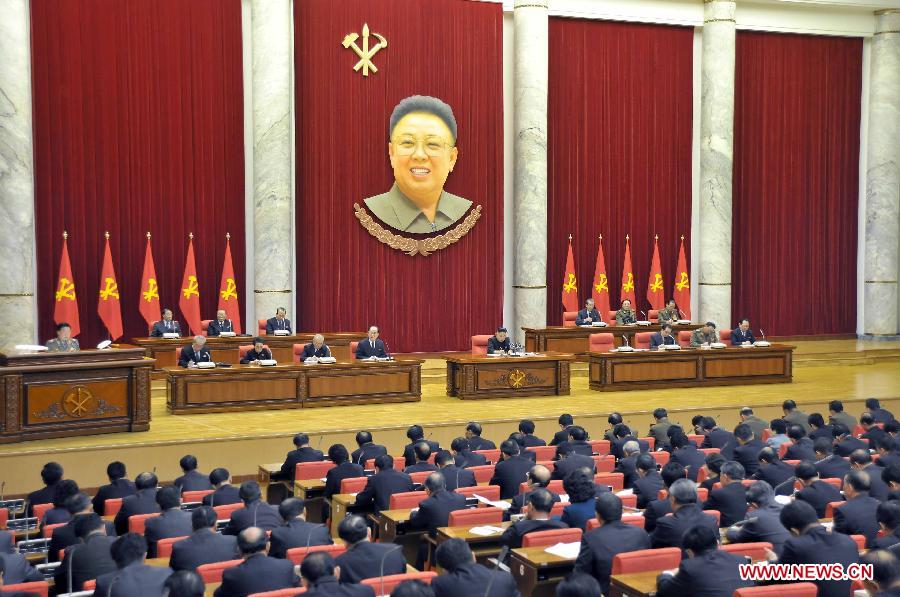 Photo released by the KCNA news agency on April 1 shows that a plenary meeting of the Central Committee of the Workers' Party of Democratic People's Republic of Korea (DPRK) is held in Pyongyang, capital of the DPRK, on March 31, 2013. (Xinhua/KCNA) 