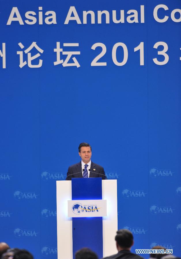Mexican President Enrique Pena Nieto gives a speech at the opening ceremony of the Boao Forum for Asia (BFA) Annual Conference 2013 in Boao, south China's Hainan Province, April 7, 2013. (Xinhua/Zhao Yingquan)