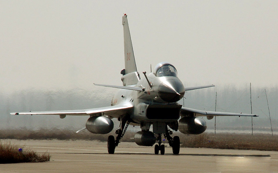 Chinese navy's J-10 fighters take off 