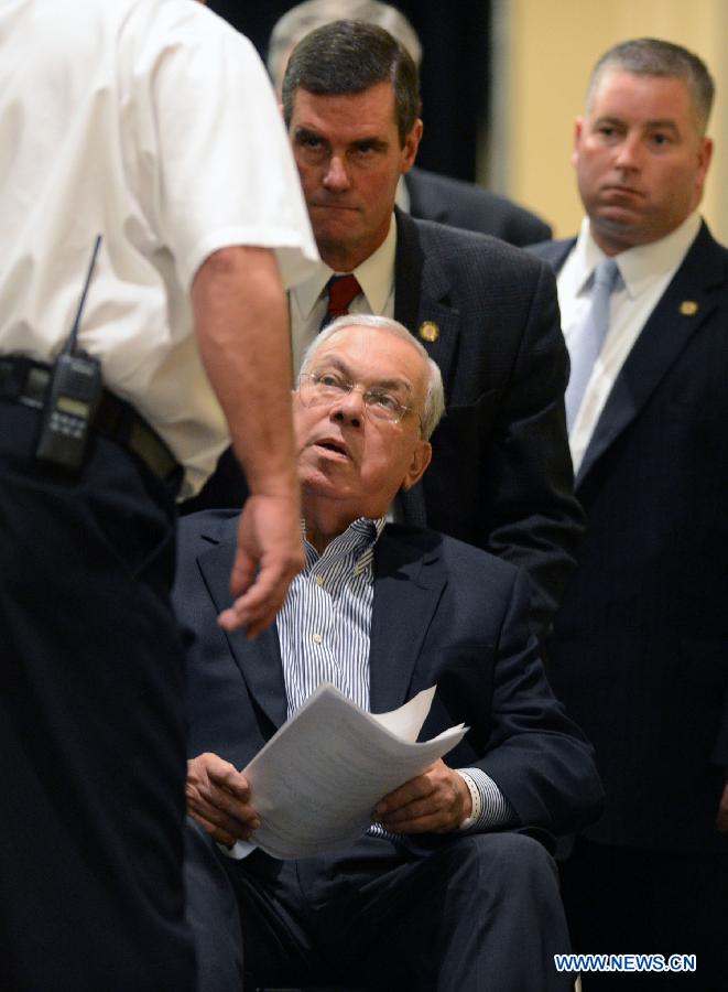 Boston Mayor Tomas M. Menino attends a press conference in Boston, the United States, April 16, 2013. The death toll has risen to three, with 176 people injured, 17 of whom in critical conditions. (Xinhua/Wang Lei) 
