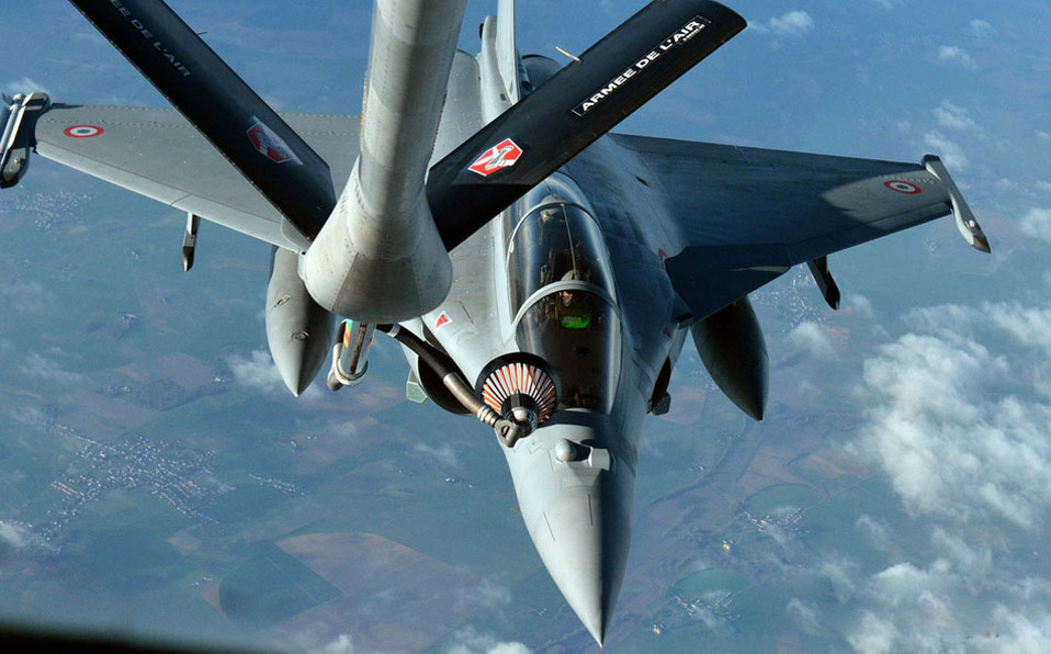 French Rafale fighter refueling in the air 