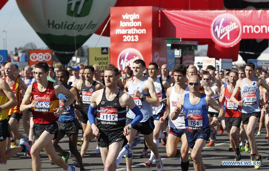 Athletes take part in the London Marathon in Greenwich, London, capital of Britain, on April 21, 2013. (Xinhua/Yin Gang)