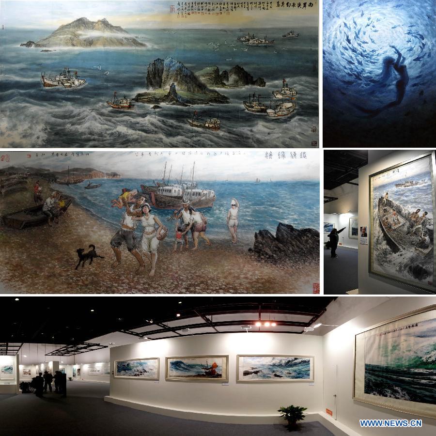 Combined photo taken on April 24, 2013 shows the paintings presented at an art exhibition themed on Chinese ocean in Beijing, capital of China. Over 130 pieces of artworks are on display. (Xinhua/Li Xin)