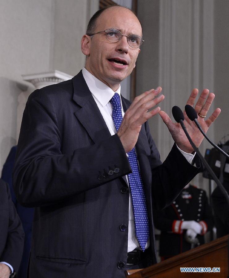Enrico Letta attends a press conference in Rome, Italy, April 24, 2013. Italian President Giorgio Napolitano on Wednesday named the center-left Democratic Party (PD) Vice Secretary Enrico Letta to form a new government in a bid to end political stalemate. (Xinhua/Alberto lingria) 