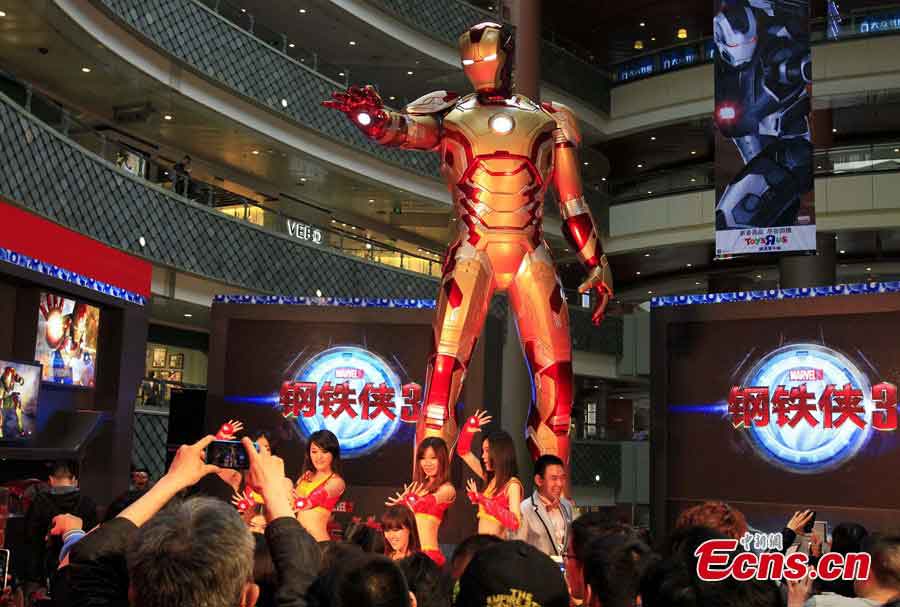 A 6-meter-tall Iron Man statue is on display in Shanghai, May 10, 2013. It is said to be the world's tallest Iron Man. (CNS/Pan Suofei)