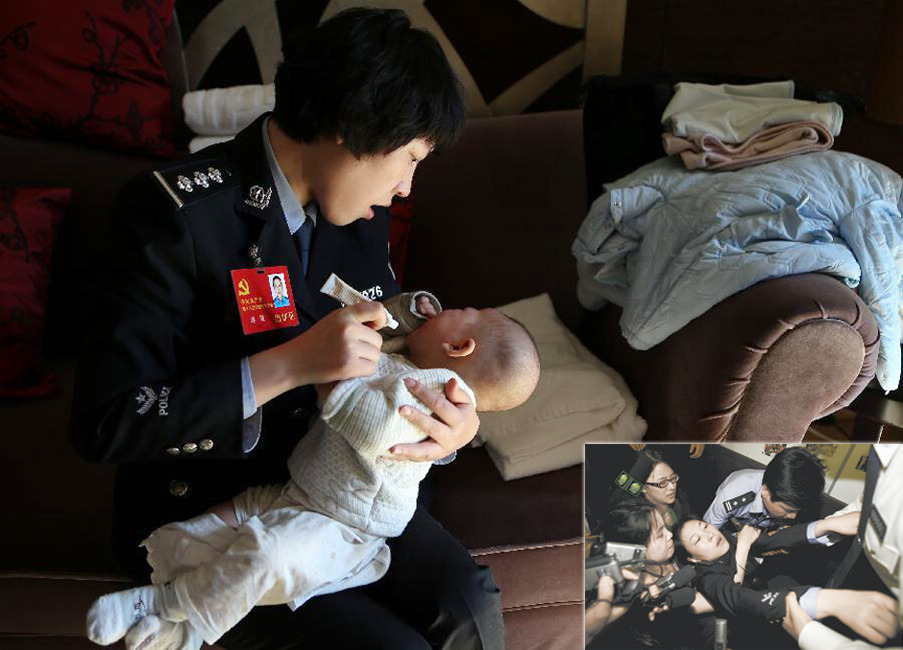 The big photo taken on Nov. 13, 2012 shows Jiang Min applies eczema cream to her baby in the hotel room. The small photo taken on May 17, 2008 shows that Jiang Min fainted of fatigue when participating in the rescue after the Wenchuan Earthquake. (Xinhua/Jin Liwang)