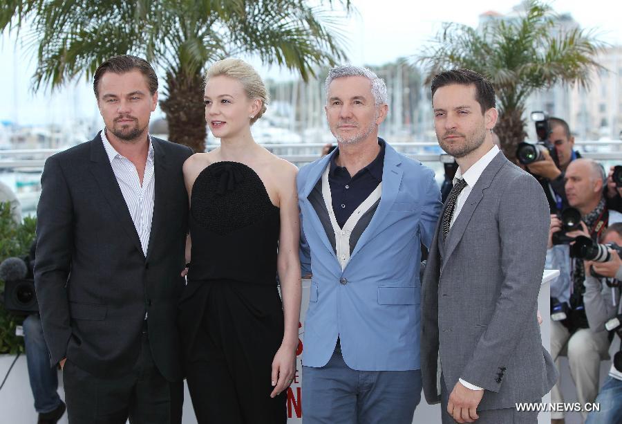 (R to L) U.S. actor Tobey Maguire, Australian director Baz Luhrmann, British actress Carey Mulligan and U.S. actor Leonardo DiCaprio pose during the photocall for Australian film "The Great Gatsby" at the 66th Cannes Film Festival in Cannes, southern France, May 15, 2013. (Xinhua/Gao Jing) 