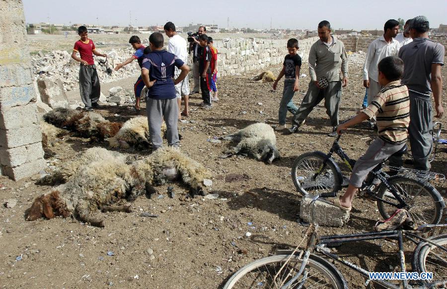 People look at the blast site in a sheep market in the Auraba district of Kirkuk, some 250 km north of Baghdad, capital of Iraq, on May 21, 2013. One civilian was killed and 25 others were injured when three bombs exploded in the sheep market on Tuesday, according to the source. At least seven people were killed and 75 others wounded in deadly bomb attacks in the war-torn Iraq on Tuesday, police said. (Xinhua/Dena Assad)