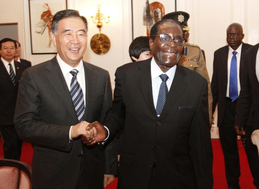 Zimbabwean President Robert Mugabe (R) meets with visiting Chinese Vice Premier Wang Yang in Harare, capital of Zimbabwe, on May 22, 2013. (Xinhua/Xu Lingui)