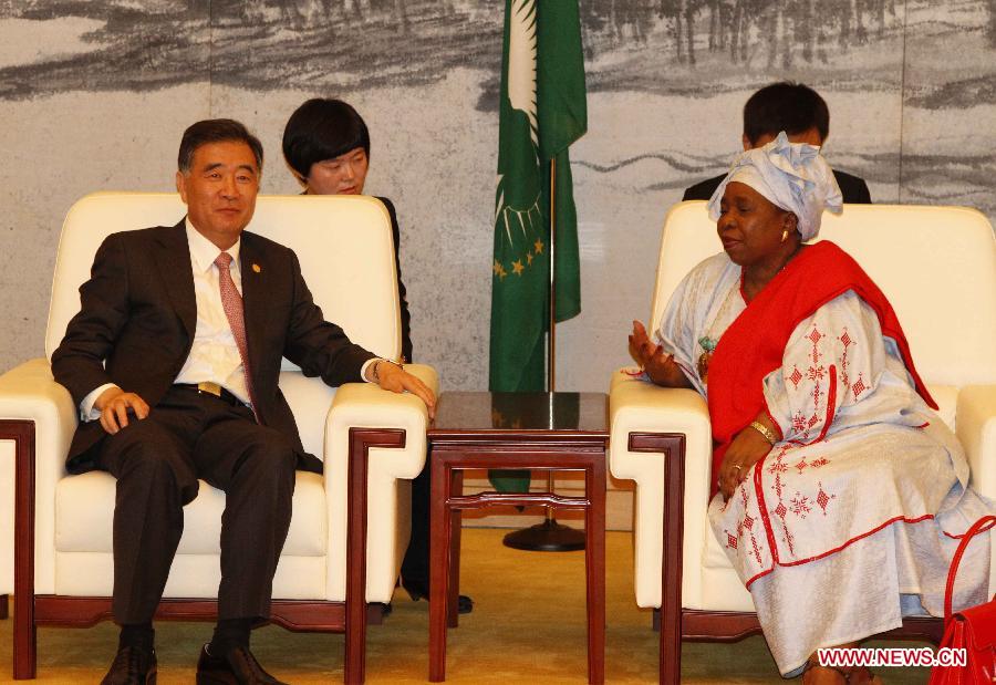 Chairperson of the African Union (AU) Commission Nkosazana Dlamini-Zuma (R, front) meets with Chinese Vice Premier Wang Yang (L, front), who is also Chinese President Xi Jinping's special representative, at the headquarters of AU in Addis Ababa, Ethiopia, May 24, 2013. (Xinhua/Liang Shanggang)