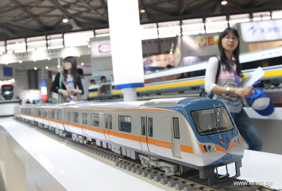 A train model for subway is displayed on the exhibition "Rail + Metro China 2013" in Shanghai, east China, June 4, 2013. The exhibition, showcasing metro and rail-related technologies and products worldwide, kicked off here Tuesday. (Xinhua/Pei Xin)