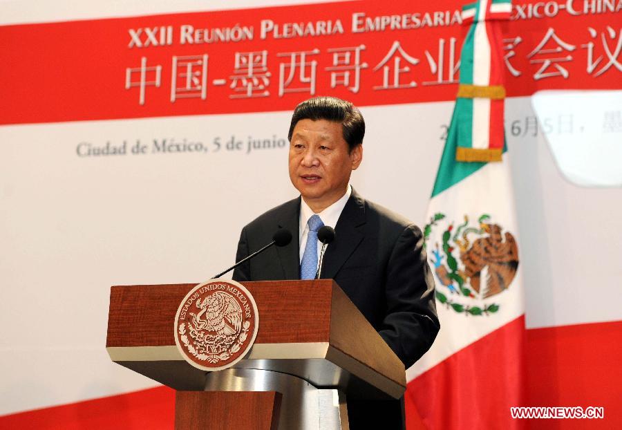 Chinese President Xi Jinping addresses a conference attended by Chinese and Mexican entrepreneurs in Mexico City, capital of Mexico, June 5, 2013. (Xinhua/Rao Aimin)