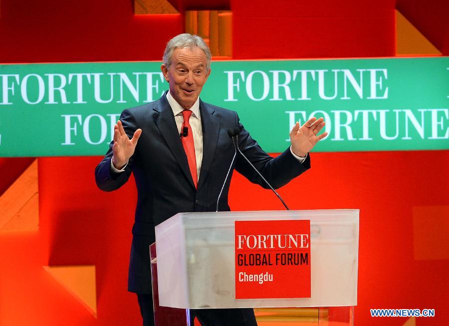 Former British Prime Minister Tony Blair gives a speech at the Fortune Global Forum held in Chengdu, capital of southwest China's Sichuan Province, June 6, 2013. The 2013 Fortune Global Forum kicked off here Thursday. (Xinhua/Jin Liangkuai)