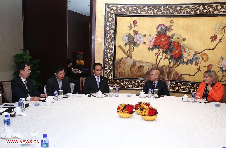 Cai Mingzhao (3rd L), director of China's State Council Information Office, meets with representatives of world renowned enterprises attending the 2013 Fortune Global Forum (FGF) in Chengdu, capital of southwest China's Sichuan Province, June 7, 2013. (Xinhua/Pang Xinglei)