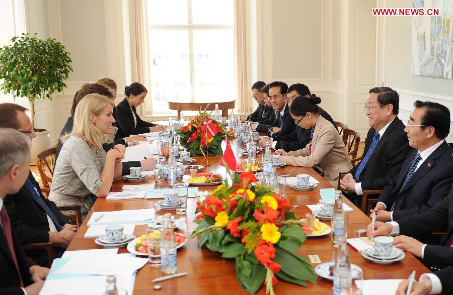 Yu Zhengsheng (2nd R), chairman of the National Committee of the Chinese People's Political Consultative Conference, meets with Danish Prime Minister Helle Thorning-Schmidt (3rd L) in Copenhagen, Denmark, June 6, 2013. (Xinhua/Liu Jiansheng) 