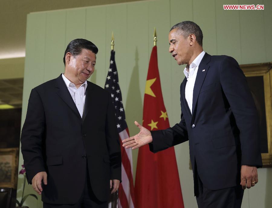 Chinese President Xi Jinping (L) and U.S. President Barack Obama meet the press after their meeting at the Annenberg Retreat, California, the United States, June 7, 2013. (Xinhua/Lan Hongguang) 