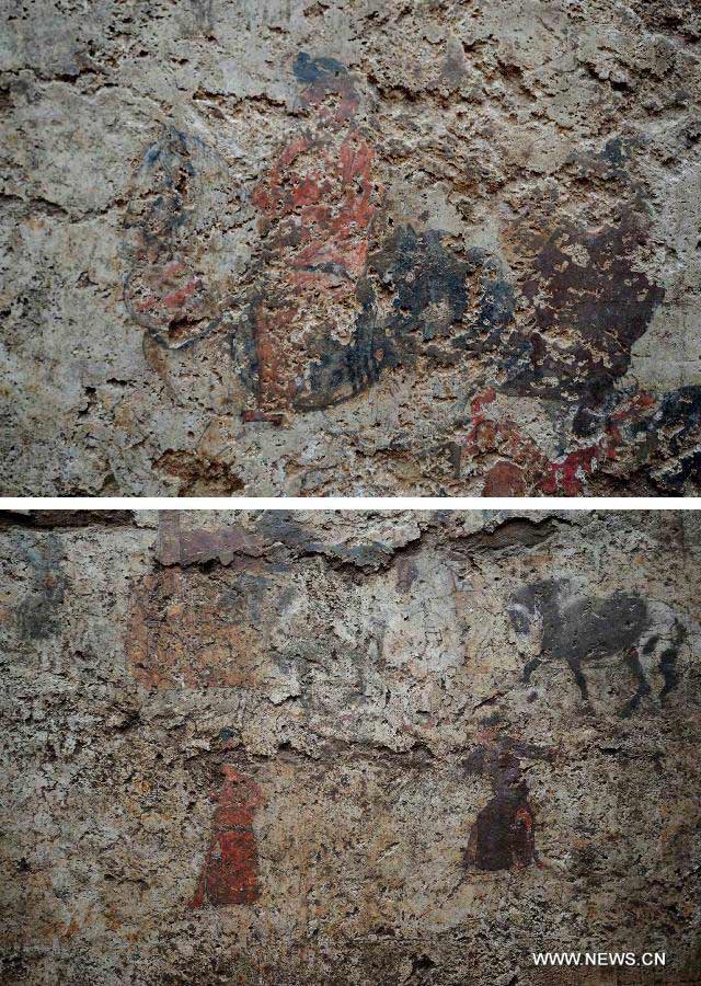 Photo taken on June 22, 2013 shows frescoes found at the archeological site of an ancient tomb in Fangshan District of Beijing, capital of China. A gravestone excavated from the tomb confirmed that the tomb was the final resting place of Liu Ji, a regional military governor of the Tang Dynasty (618-907), and his wife. Archaeologists have started a salvage excavation of the tumulus since August 2012, after it was accidentally discovered at a local construction site. Valuable cultural relics, including an exquisite stone coffin bed, were discovered. (Xinhua/Luo Xiaoguang)