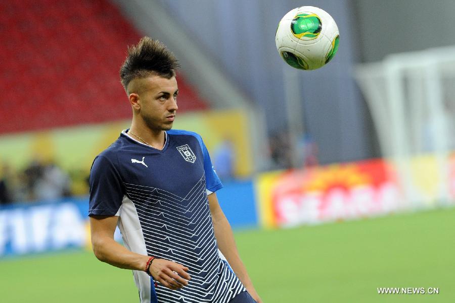 Italy's Stephan El Shaarawy attends a training session at the Arena Pernambuco Stadium, in Recife, Brazil, on June 18, 2013. Italy will face Japan on Wednesday in its second match during the the FIFA Confederations Cup Brazil 2013. (Xinhua/Weng Xinyang)