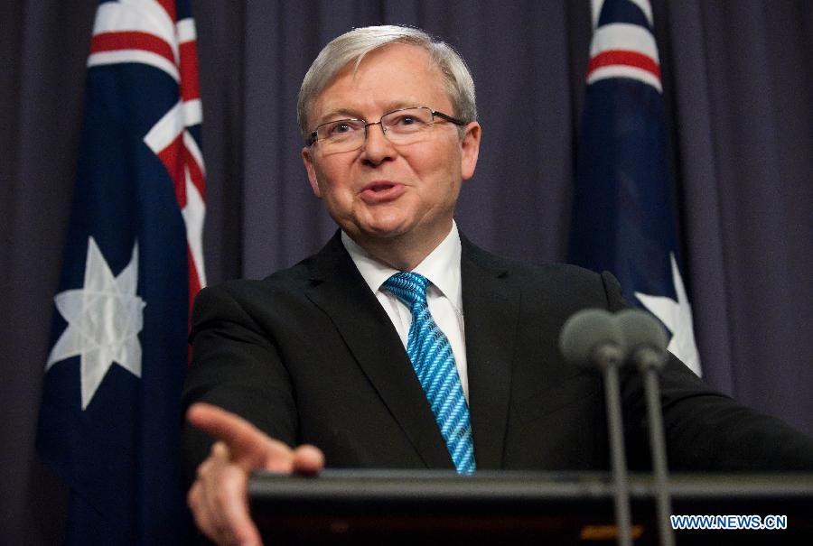 Australian new Prime Minister Kevin Rudd speaks during the first press conference since reassuming the leadership of the Australian Labor Party and consequently becoming the Australian prime minister for the second time, at Parliament House in Canberra, Australia, June 28, 2013. (Xinhua/Bai Xue)