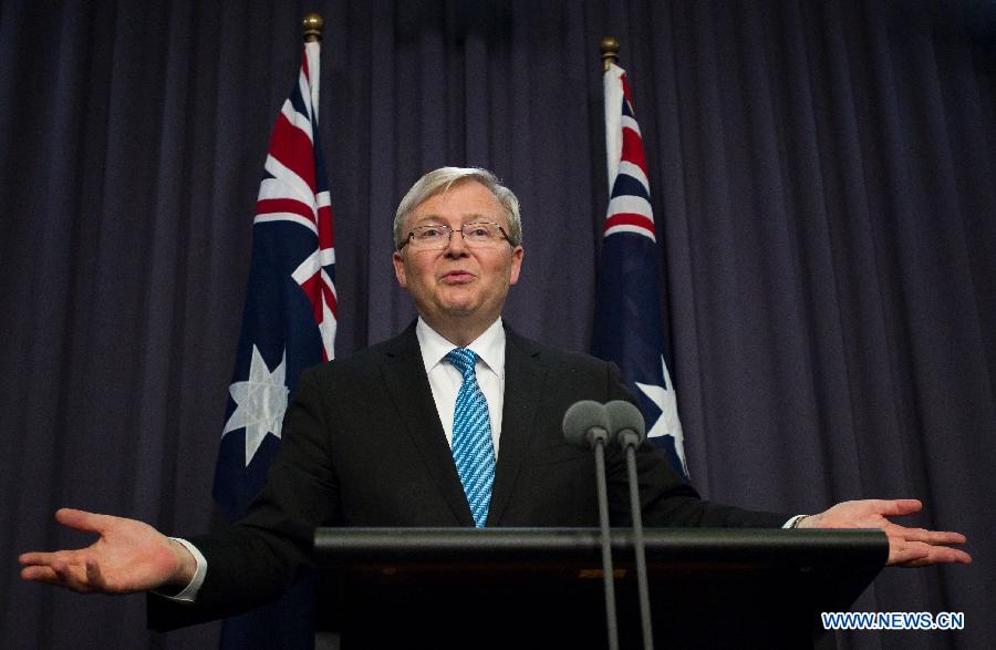 Australian new Prime Minister Kevin Rudd speaks during the first press conference since reassuming the leadership of the Australian Labor Party and consequently becoming the Australian prime minister for the second time, at Parliament House in Canberra, Australia, June 28, 2013. (Xinhua/Bai Xue)