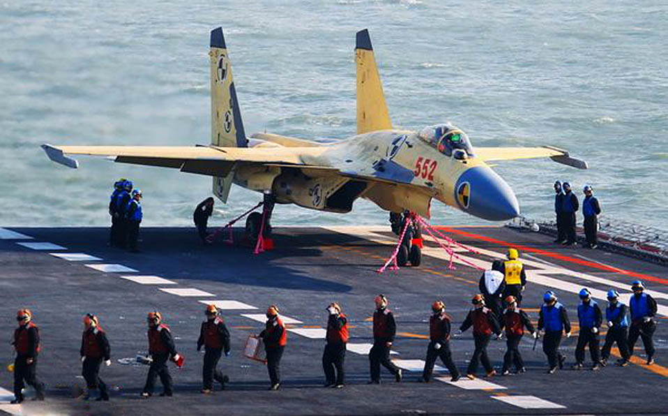 J-15 fighter jet fastened on aircraft carrier 