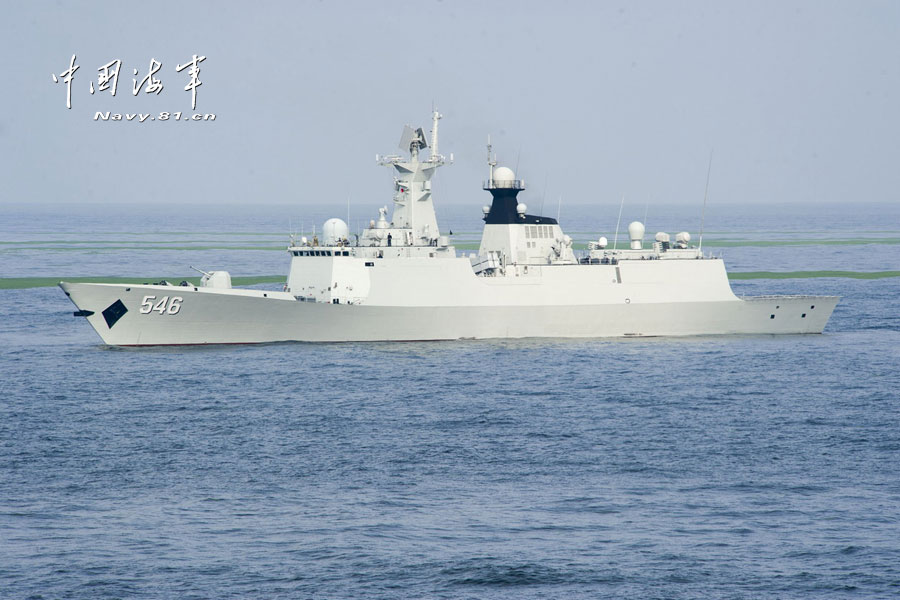 The Yancheng warship is a Type-054A guided missile frigate with the hull number of 546. It entered into service in June 2012. (navy.81.cn/Qian Xiaohu)The Yancheng warship is from the North Sea Fleet. It is 134.1 meters in length, 16 meters in width, 35 meters in height, with full load displacement of 4053-plus tons, maximum speed of 27 knots, and a cruising speed of 18 knots.