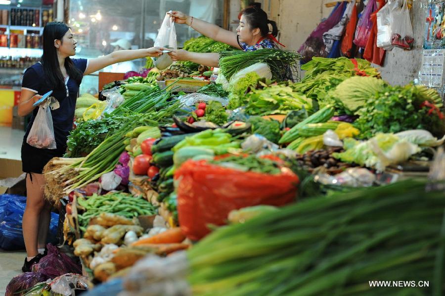 A citizen buys vegetables at a market in Changchun, capital of northeast China's Jilin Province, July 9, 2013. China's consumer price index (CPI), a main gauge of inflation, grew 2.7 percent year on year in June, up from 2.1 percent in May, the National Bureau of Statistics said on Tuesday. (Xinhua/Zhang Nan)