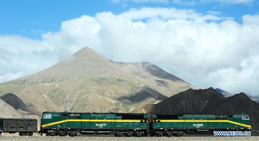 A freight train runs on the permafrost region of the Qinghai-Tibet Railway in northwest China's Qinghai Province July 9, 2013. Within seven years after its operation, the Qinghai-Tibet Railway, the longest and highest railway in the world, has carried nearly 64 million passengers and 300 million tonnes of goods. (Xinhua/Hou Deqiang)