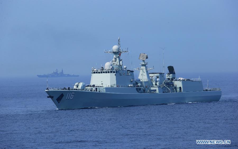 Chinese naval Shijiazhuang guided-missile destroyer attends the "Joint Sea-2013" drill at Peter the Great Bay in Russia, July 10, 2013. The "Joint Sea-2013" drill participated by Chinese and Russian warships concluded here on Wednesday. (Xinhua/Zha Chunming)