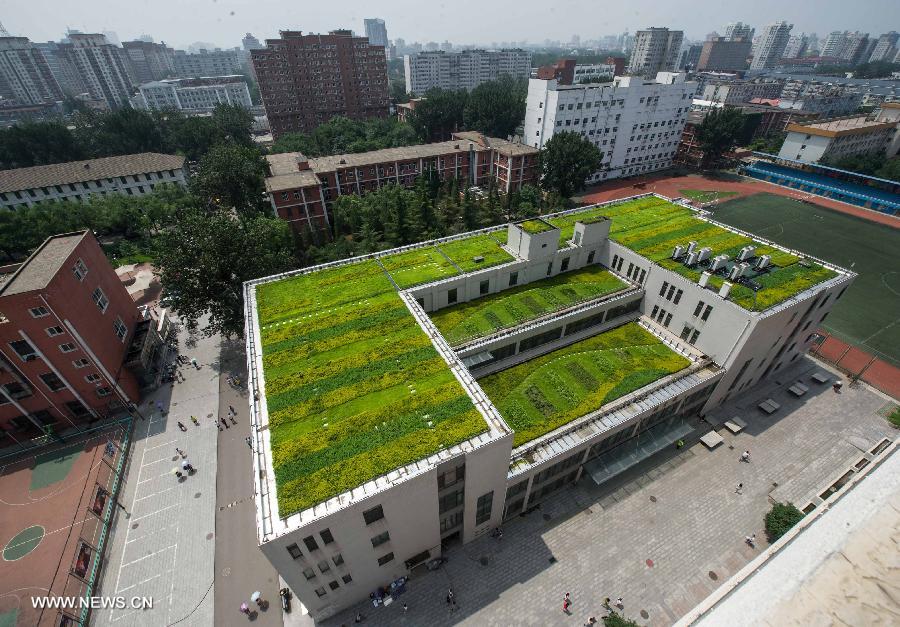 The green rooftop of a building is seen at the Beijing University of Chinese Medicine in Beijing, capital of China, July 12, 2013. According to Beijing Rooftop Landscaping Association, the city's green rooftop area has expanded to more than 1.2 million square meters up to the end of 2012, one percent of the total area. Planted over waterproofing membrane, green roofs help reduce pressure on urban drainage system and boost buildings' insulation value. (Xinhua/Luo Xiaoguang)
