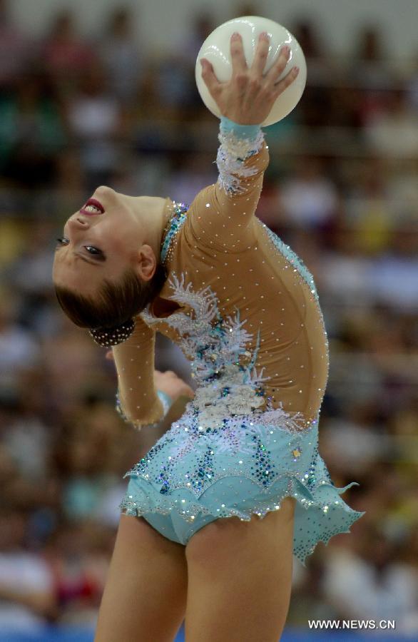 Melitina Staniouta of Belarus competes during Women's Individual Ball final of Gymnastics Rhythmic at the 27th Summer Universiade in Kazan, Russia, July 16, 2013. Staniouta got the 4th place. (Xinhua/Kong Hui)