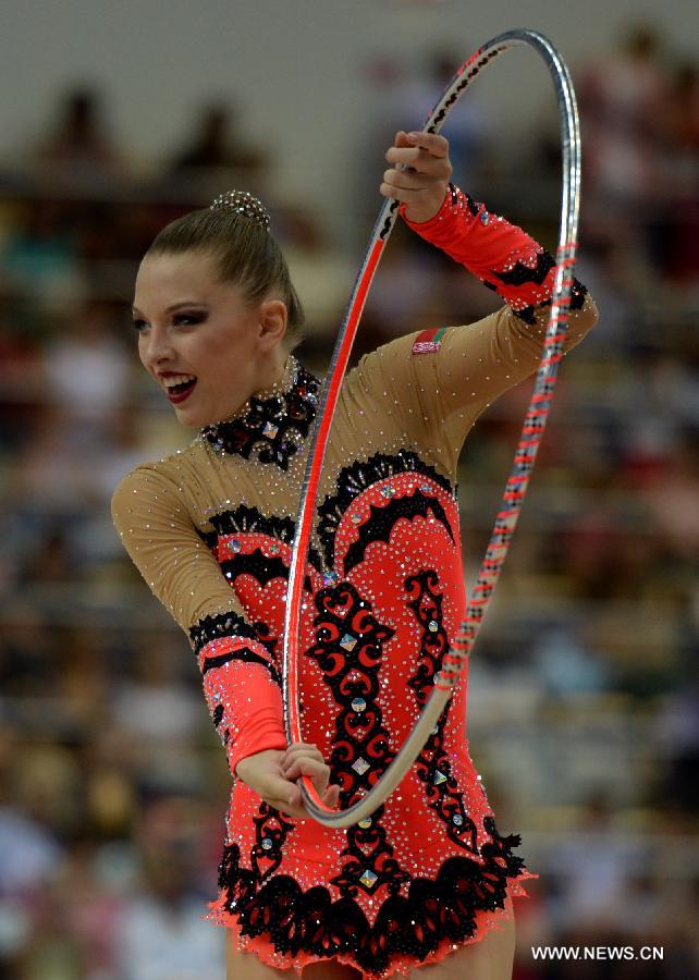 Meltina Staniouta of Belarus competes during Women's Individual Hoop final of Gymnastics Rhythmic at the 27th Summer Universiade in Kazan, Russia, July 16, 2013. Staniouta won the silver with 17.866. (Xinhua/Kong Hui)
