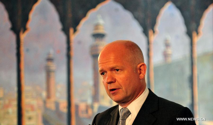 British Foreign Secretary William Hague speaks during a press conference in Islamabad, capital of Pakistan, July 17, 2013. British Foreign Secretary William Hague said Wednesday the United Kingdom will work in partnership with Pakistan to provide expertise and support in developing counter-terrorism strategy. (Xinhua/Ahmad Kamal) 