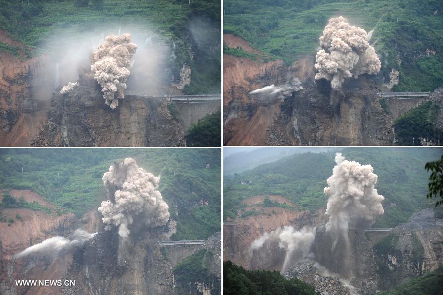 Combined photo taken on July 18, 2013 shows the blasting site above a barrier lake in Sanjiao Township of Hanyuan County, southwest China's Sichuan Province. The blasting is conducted to remove dangerous rocks and then dig channels to discharge the floodwater of the barrier lake. The lake was formed after a landslide and continuous rainfall, threatening residents downstream in Sichuan. (Xinhua/Xue Yubin) 