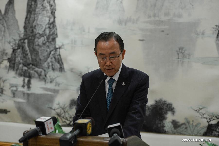United Nations Secretary-General Ban Ki-moon speaks during an event at the Chinese Permanent Mission to the United Nations in New York on July 22, 2013. Ban Ki-moon on Monday offered his "deepest condolences and sympathies" to the victims of a deadly earthquake that hit northwest China's Gansu Province Monday morning. (Xinhua/Niu Xiaolei)