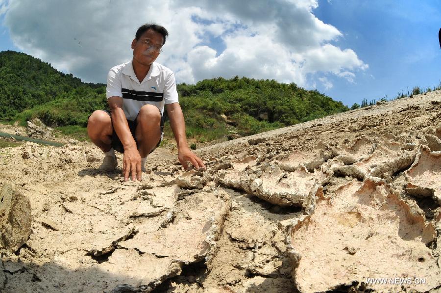 A man shows the dried-up pond bed in Shanjiang Town of Fenghuang County, central China's Hunan Province, July 23, 2013. A drought that has lasted since early July has left 384,000 people short of drinking water in the province. Eighty-seven counties of 12 cities and prefectures in the province have been affected by the drought, with about 260,000 hectares of crops damaged and 216,000 heads of livestock short of water. Also in the province, 128 rivers and 124 reservoirs are dry. (Xinhua/Long Hongtao)