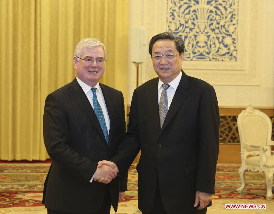 Yu Zhengsheng (R), chairman of the National Committee of the Chinese People's Political Consultative Conference, meets with Irish Deputy Prime Minister and Minister for Foreign Affairs and Trade Eamon Gilmore in Beijing, capital of China, July 31, 2013. (Xinhua/Ding Lin)