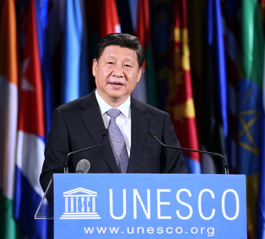 Chinese President Xi Jinping delivers a speech at the headquarters of the United Nations Educational, Scientific and Cultural Organization (UNESCO), in Paris, France, March 27, 2014. (Xinhua/Yao Dawei)
