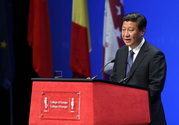 President Xi Jinping delivers a speech at the College of Europe in the Belgian city of Bruges on Tuesday. (Xinhua Photo)