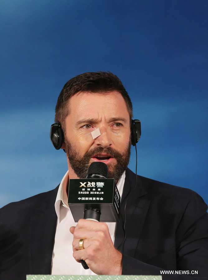 Actor Hugh Jackman attends a press conference about the film "X-Men: Days of Future Past" in Beijing, capital of China, May 13, 2014. (Xinhua/LiFangyu)