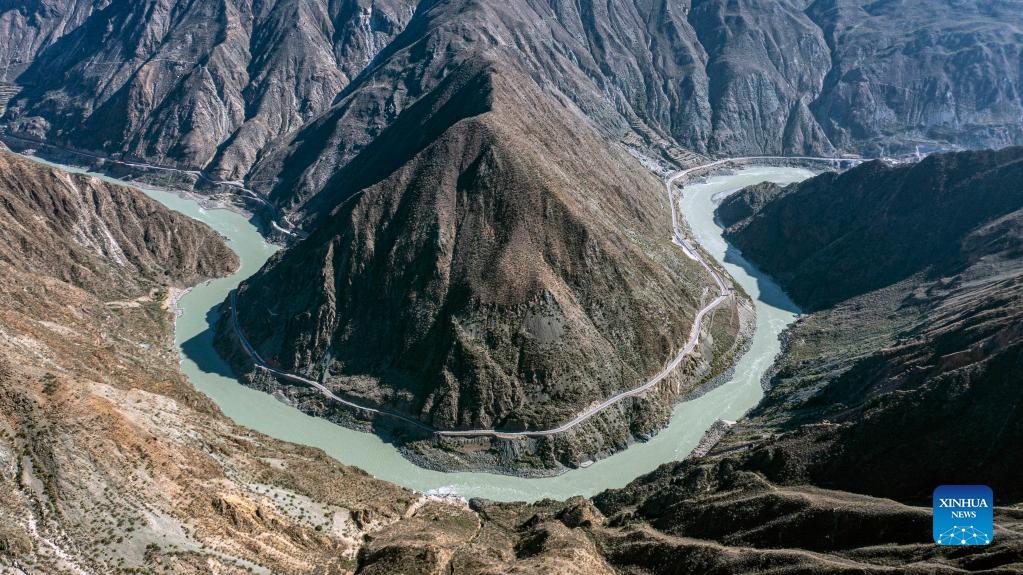 Aerial view of bend of Jinsha River in SW China